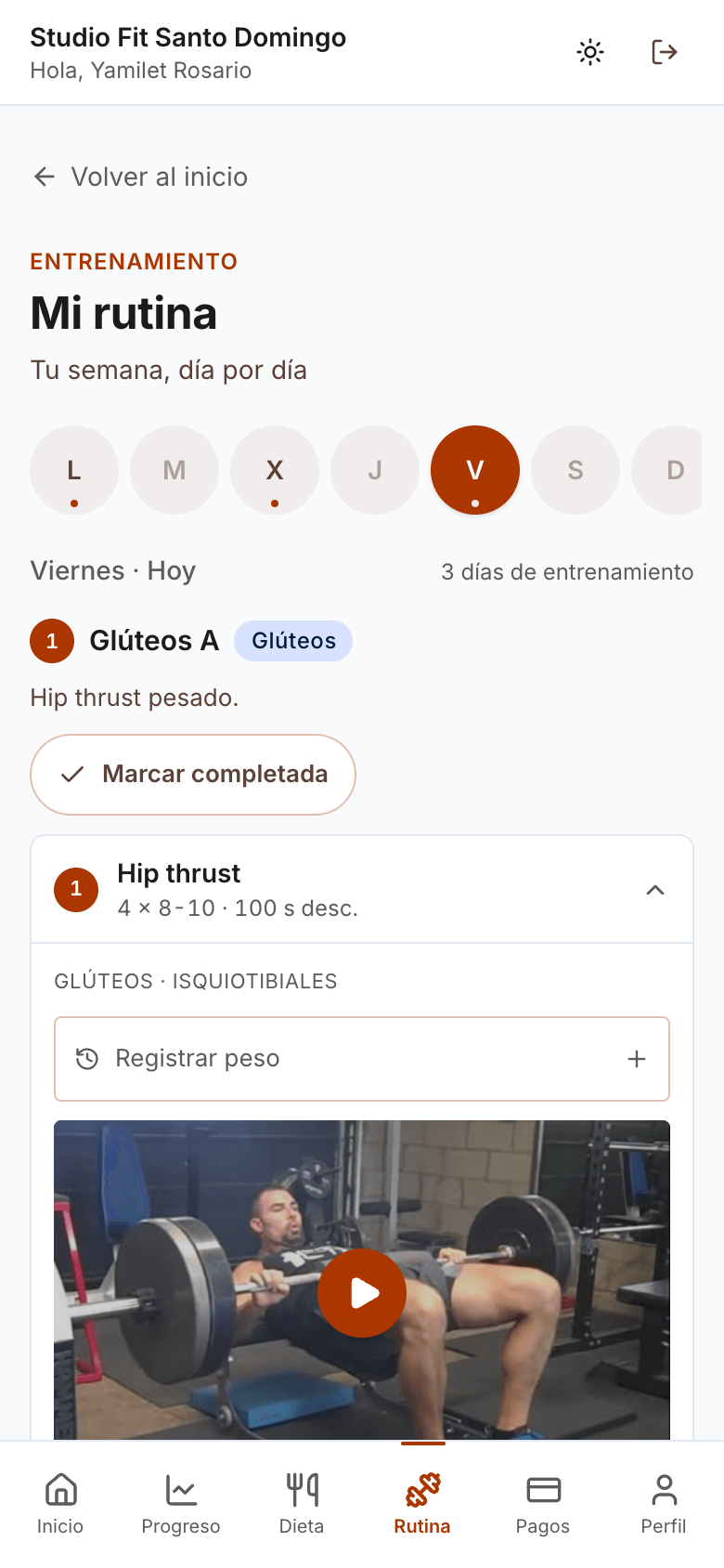 Rutina del día en el portal del cliente, con ejercicios, series y video demostrativo